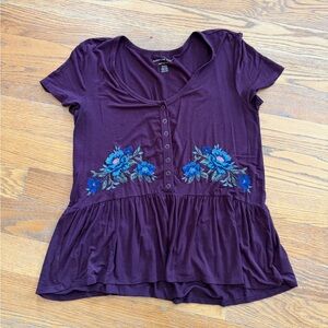 American Eagle Outfitters Burgundy Peplum Top with Floral Embroidery